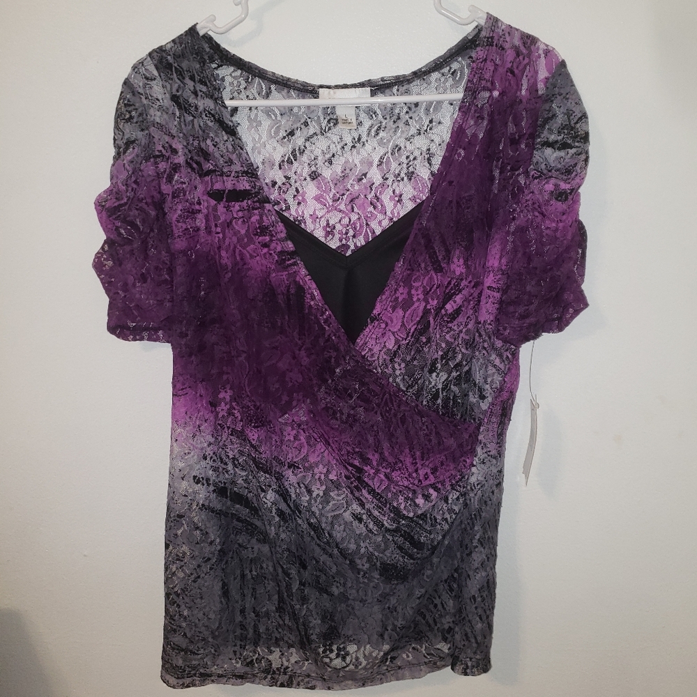 NWT Purple and Black V Neck Blouse